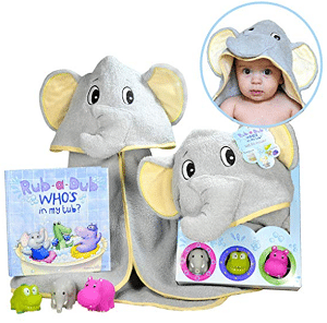 Baby Gift Set- Rub A Dub, Who’s in My Tub? 5 Piece Bath Set Includes Elephant Hooded Towel, 3 Jungle Safari Squirt Toys, and Book