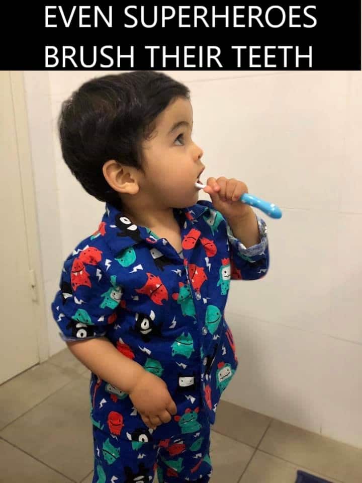 superhero cute baby brushing his teeth meme