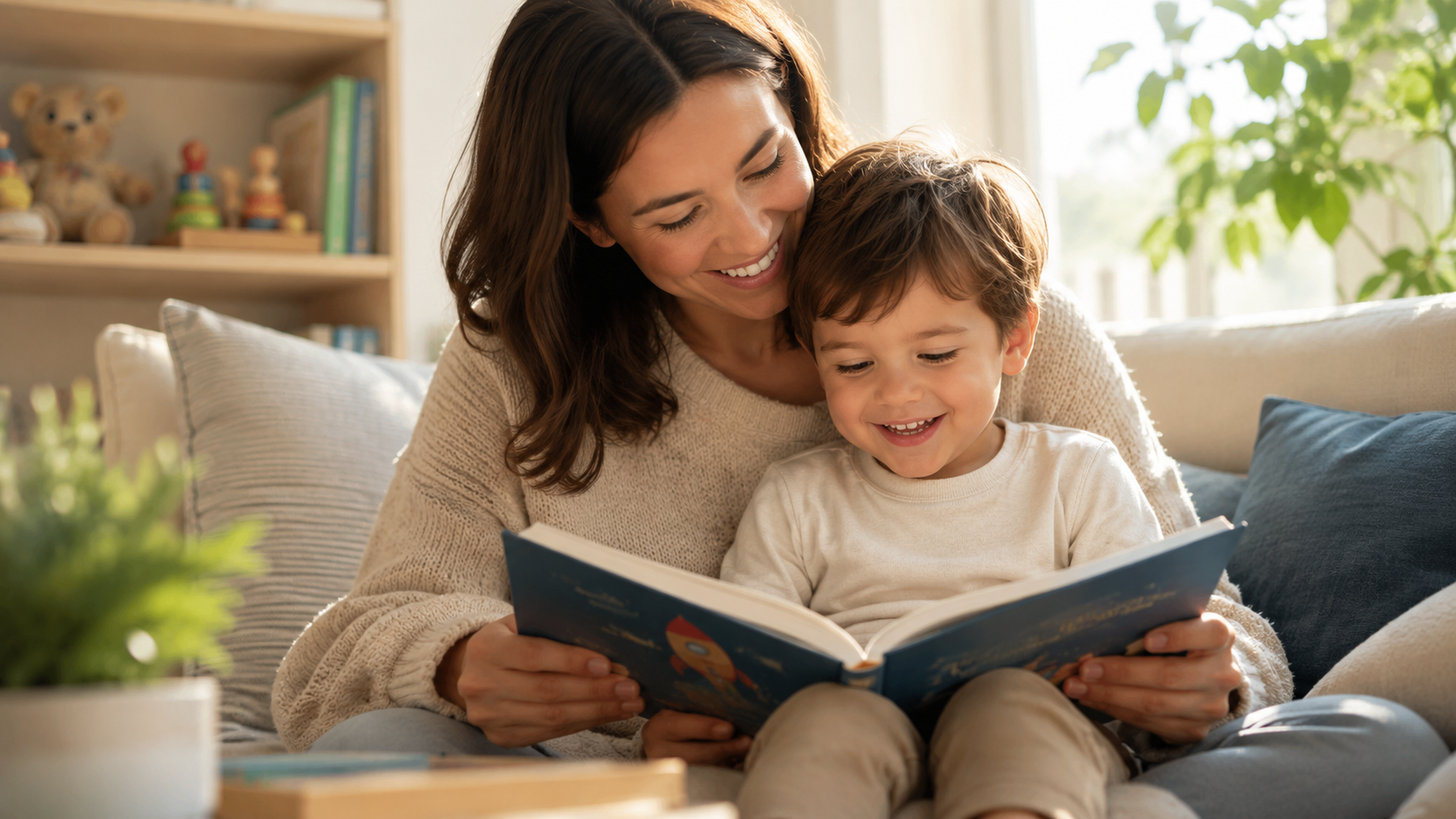 Parent and child reading together at home