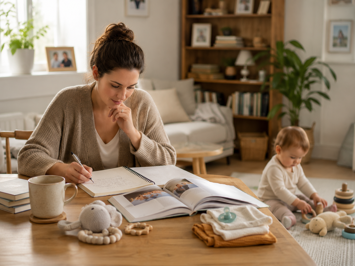 Parent researching and writing notes while a child plays nearby