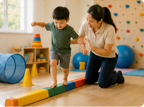 Child practising balance on a beam with support from a therapist during occupational therapy