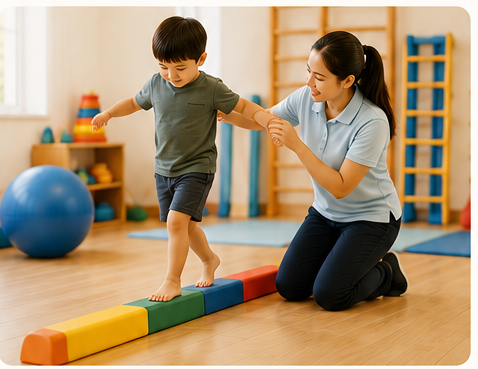 Child practising walking on a balance beam with support from a physiotherapist