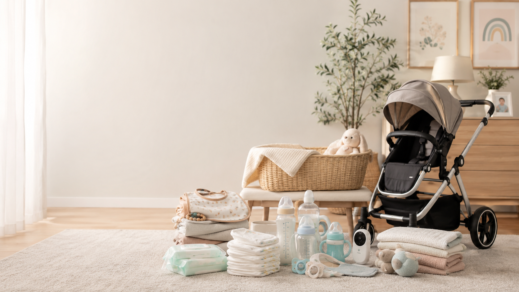 Baby registry essentials with stroller, diapers, bottles, and nursery items