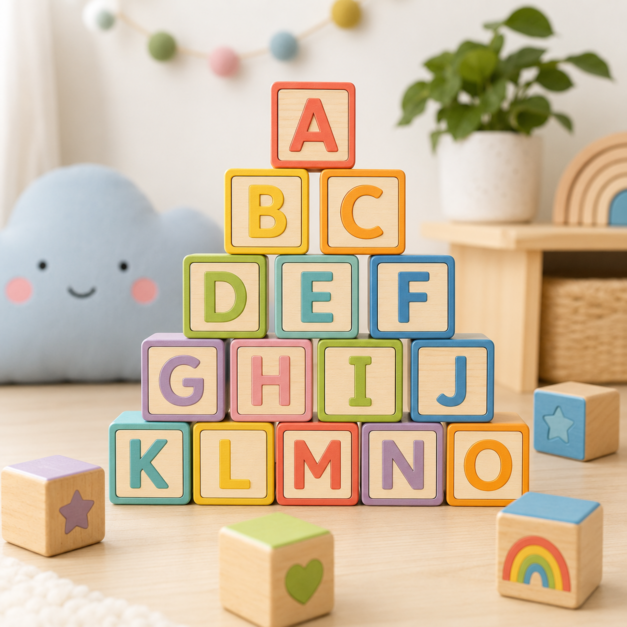 Colorful alphabet blocks stacked in a playroom