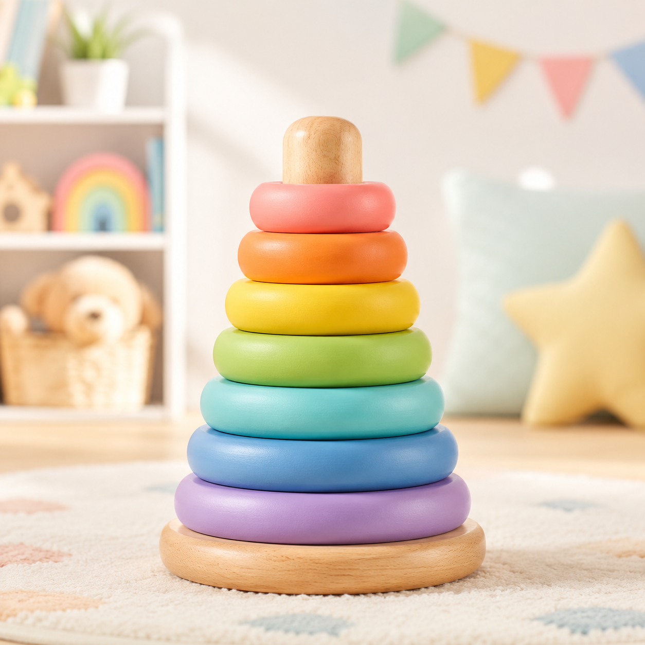 Colorful wooden stacking rings
