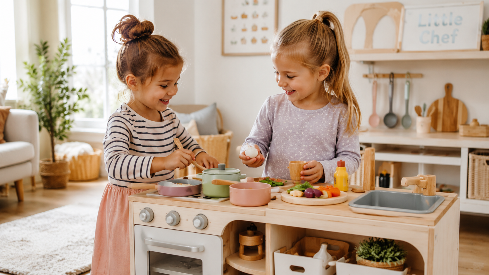 Children playing with a pretend kitchen