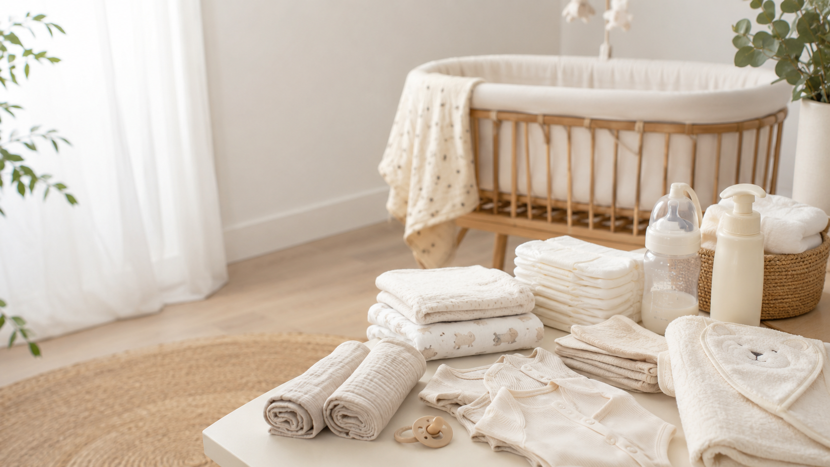 Newborn essentials arranged in a nursery with diapers, clothing, bottle, and crib