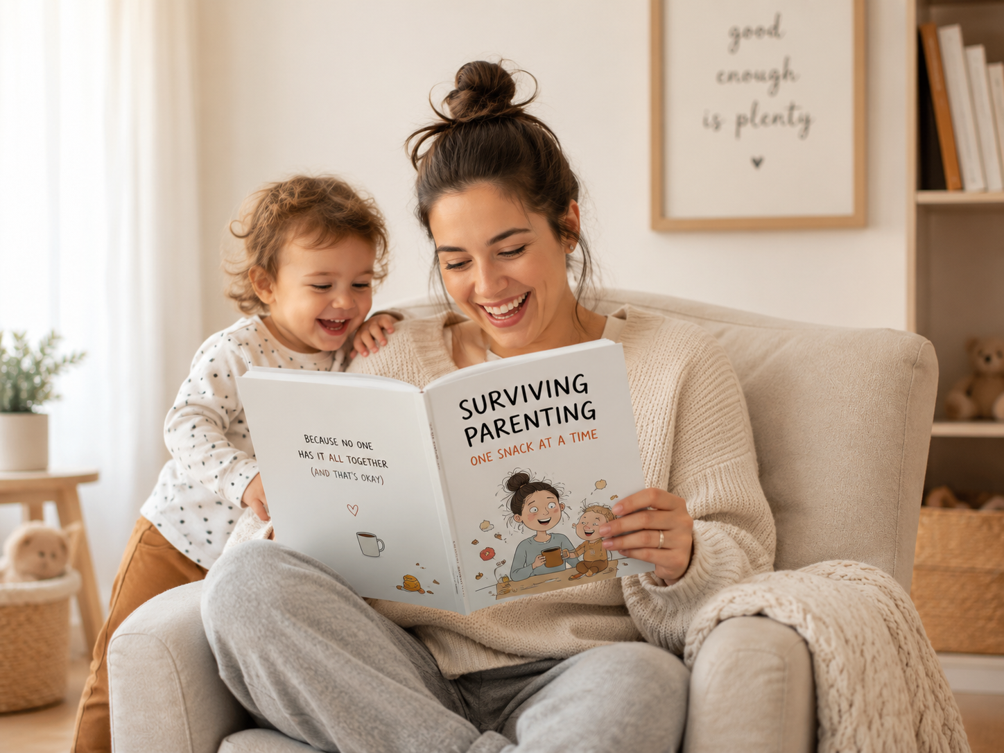 Parent and toddler laughing while reading a funny parenting book