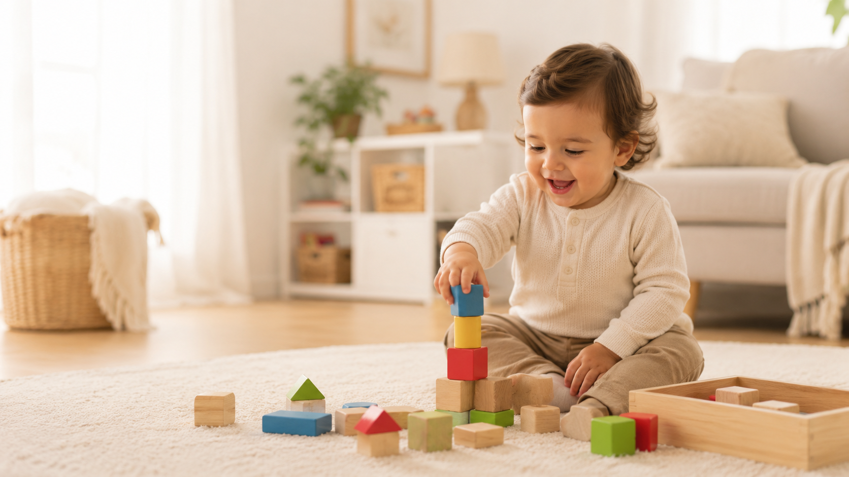 Toddler stacking colorful wooden blocks
