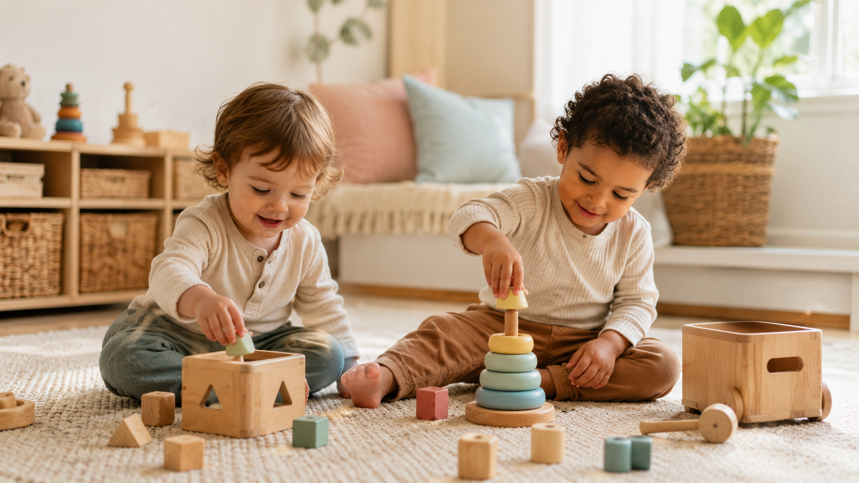 Two toddlers playing with wooden shape and stacking toys
