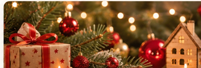 Wrapped gift and Christmas decorations beside a festive tree