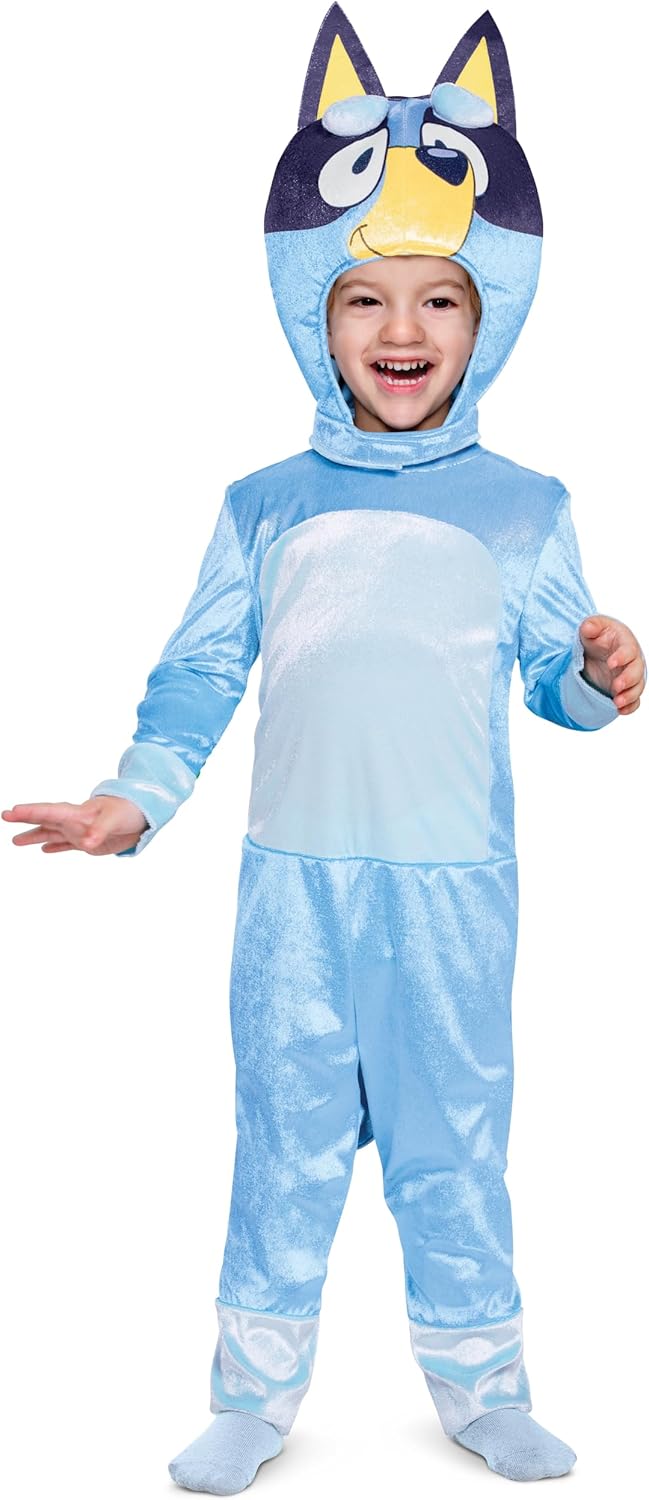 Child wearing the official Bluey jumpsuit and headpiece costume