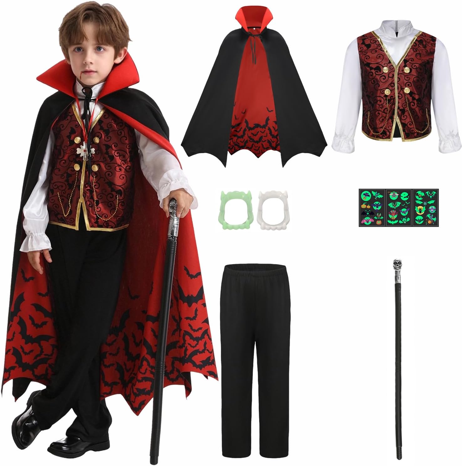 Older child wearing a red and black classic vampire costume with cape and matching accessories