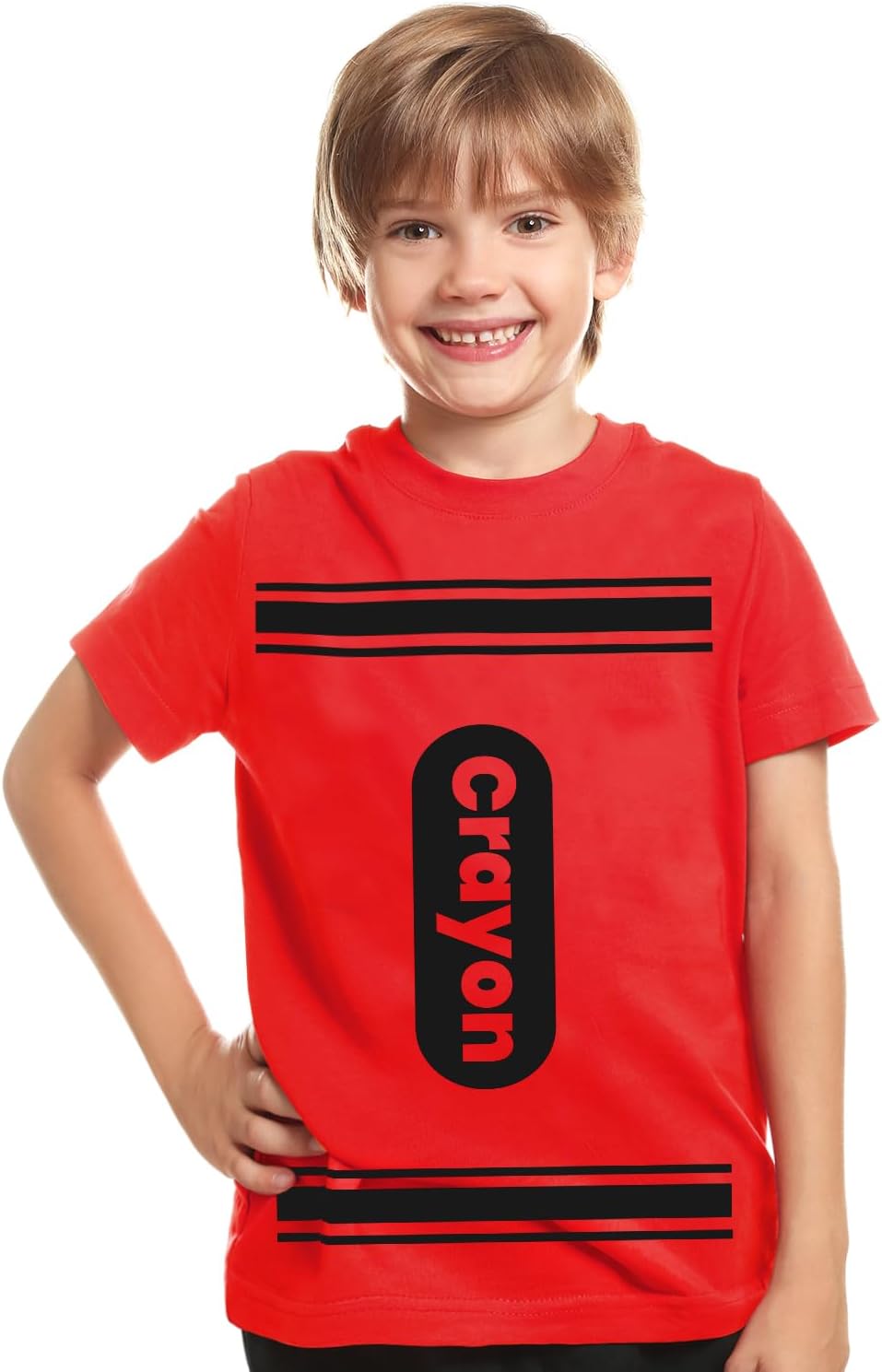 Child wearing a red crayon costume T-shirt