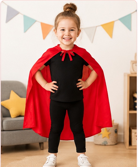 Child wearing everyday black clothes with a short red cape