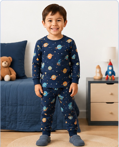 Child wearing familiar space-themed pyjamas as a comfortable costume