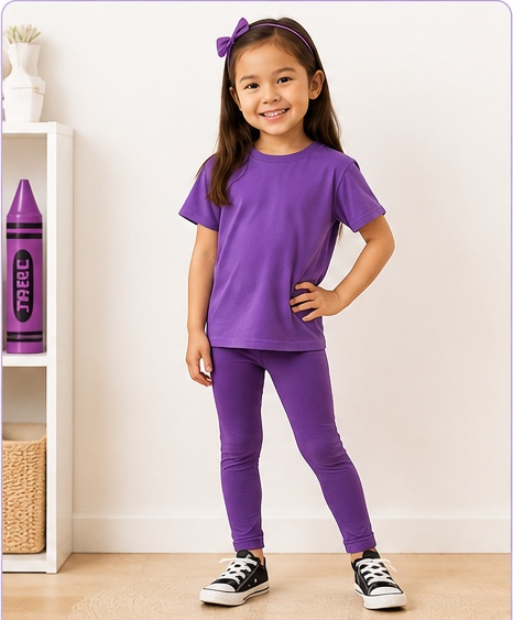 Child wearing a comfortable purple outfit for a simple colour-themed costume