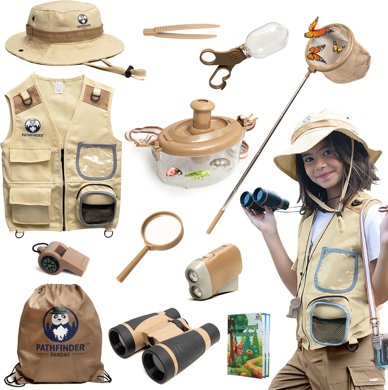 Child wearing a beige explorer vest costume with safari accessories