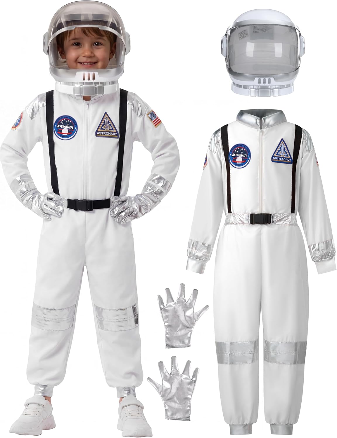 White kids astronaut jumpsuit, helmet and gloves for a family space Halloween theme