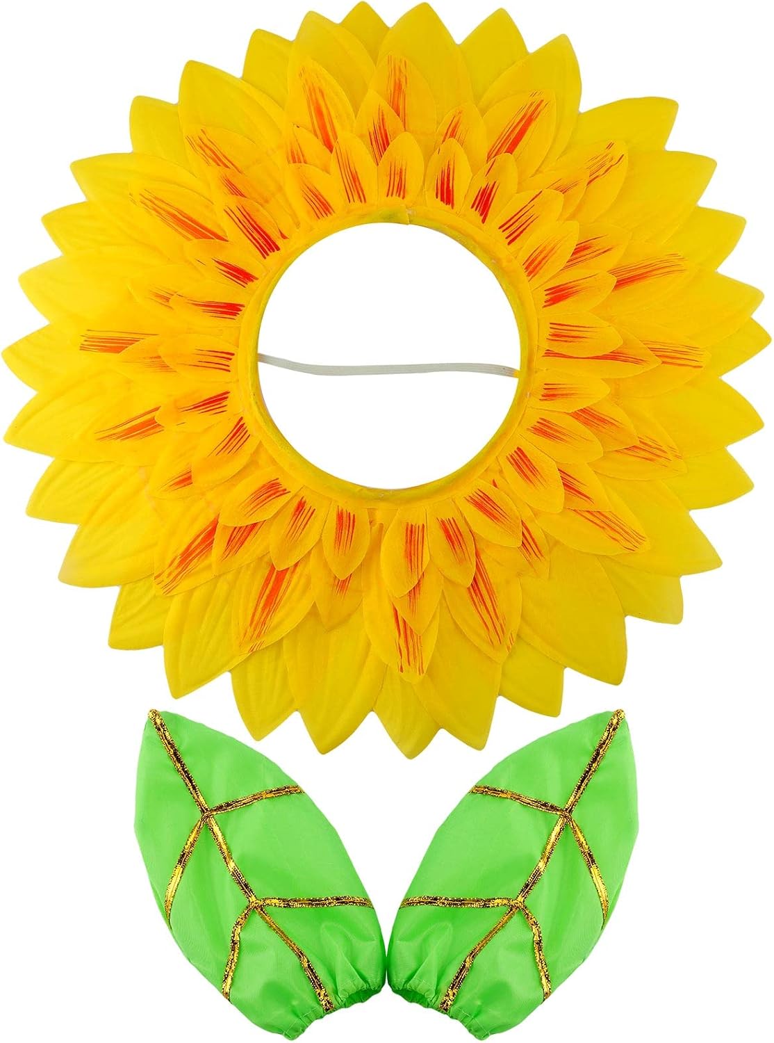 Yellow sunflower headgear with two green gloves for a bee and flower sibling theme