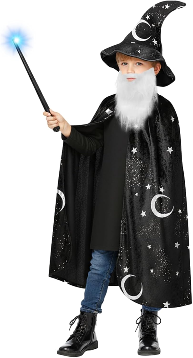 Child wearing a black wizard cape, pointy hat and beard while holding a glowing wand