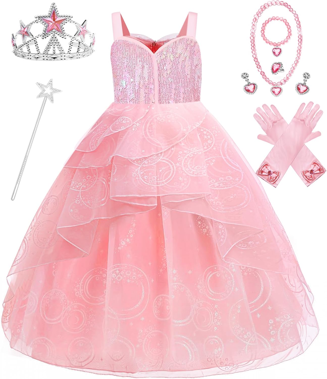 Pink good-witch-inspired fantasy dress with accessories