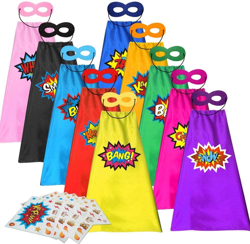 Ten colourful superhero capes and matching masks with sticker sheets for a children’s group costume