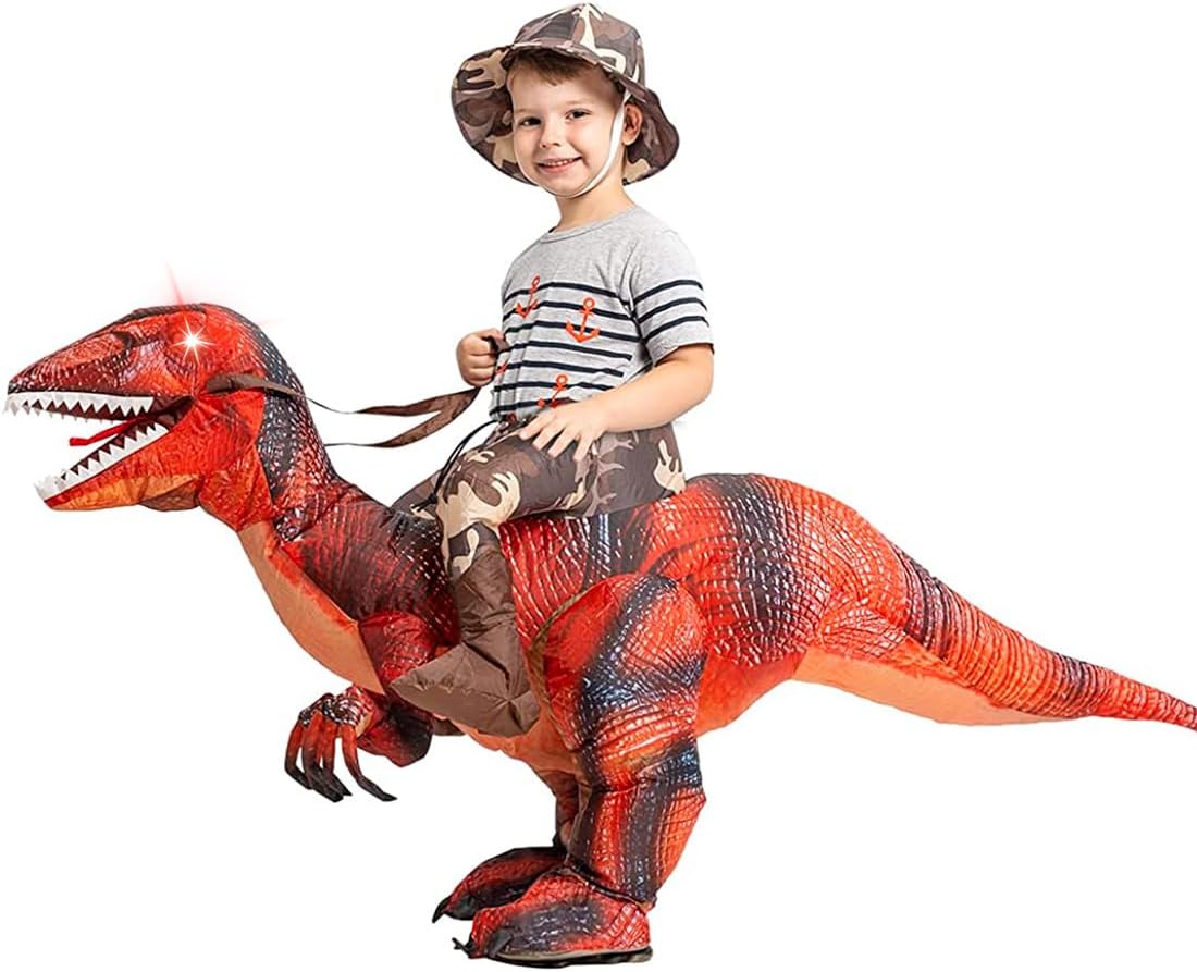 Child wearing a red inflatable dinosaur costume