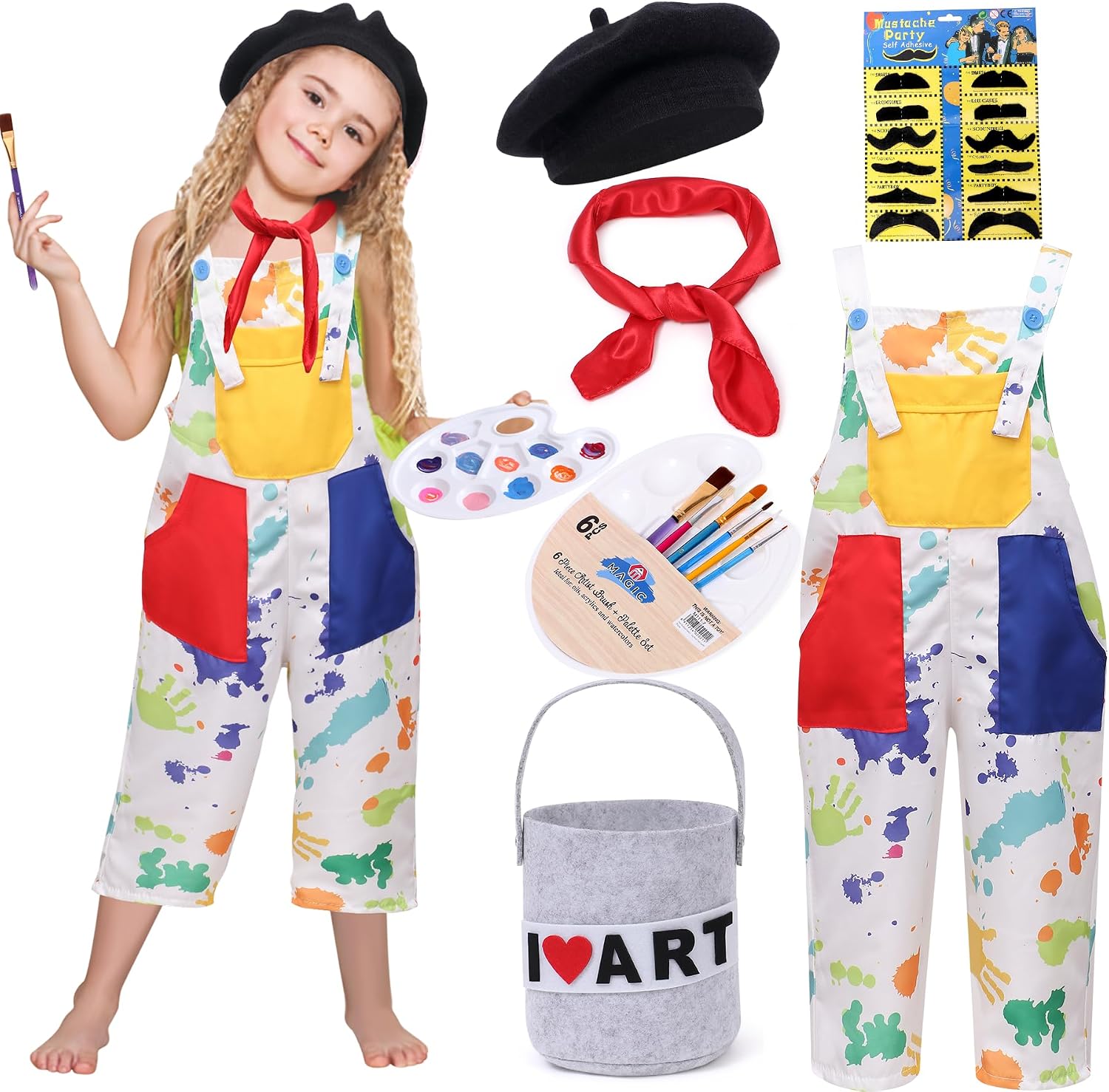 Child wearing colourful paint-splatter artist overalls and a black beret beside artist accessories