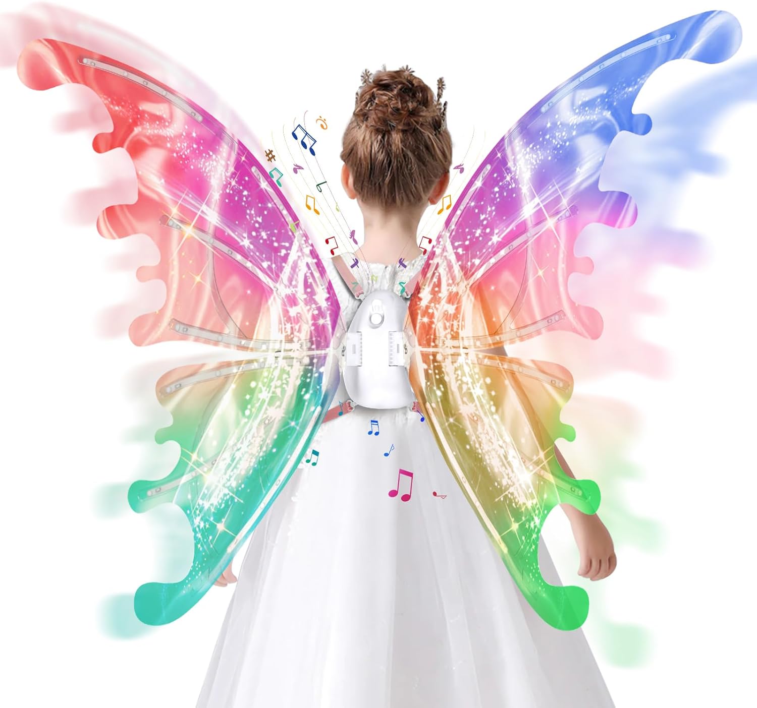 Child wearing colourful light-up butterfly wings
