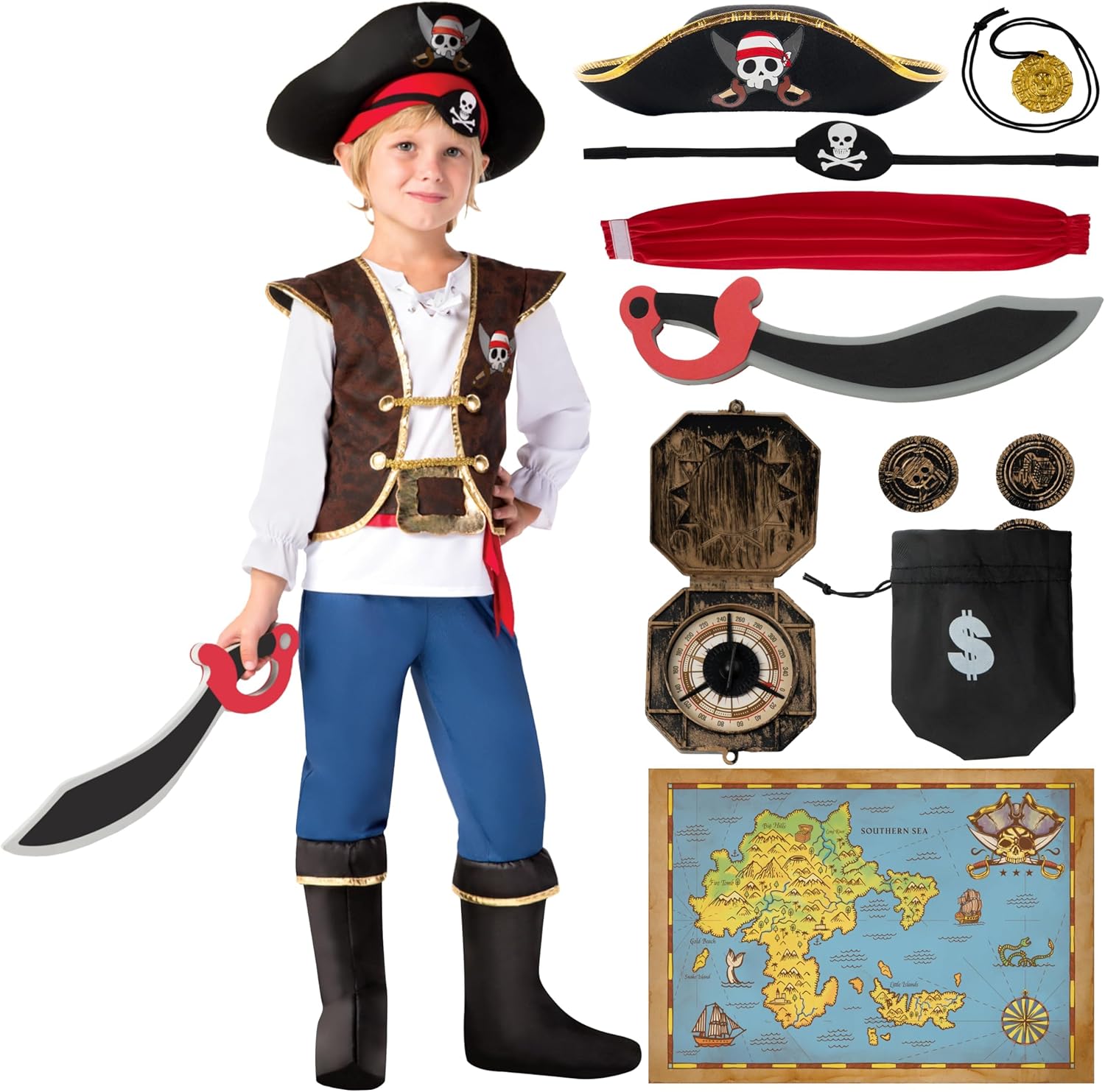 Child wearing a pirate costume with matching accessories