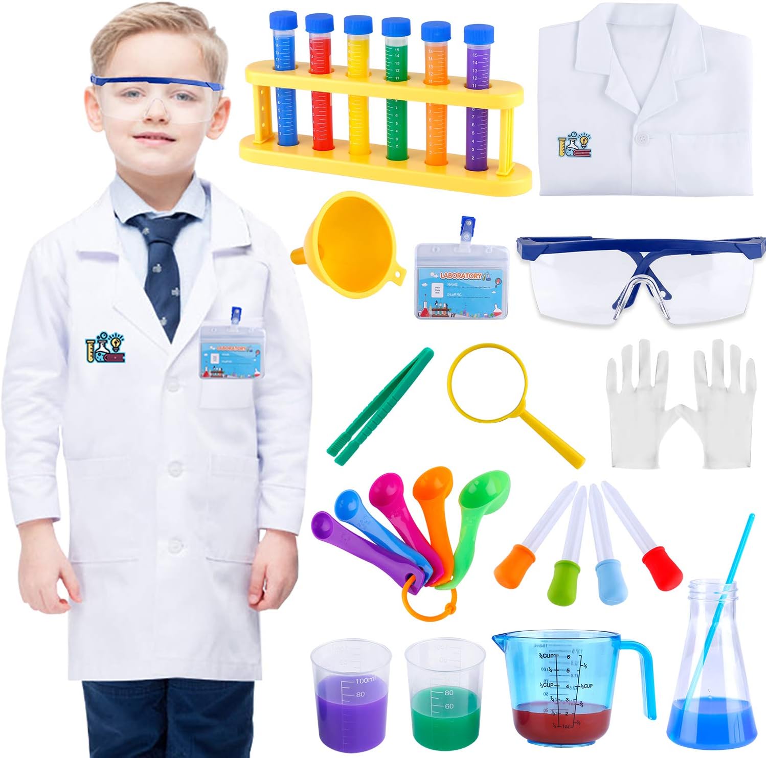 Child wearing a scientist costume with a white lab coat and clear goggles beside plastic role-play accessories