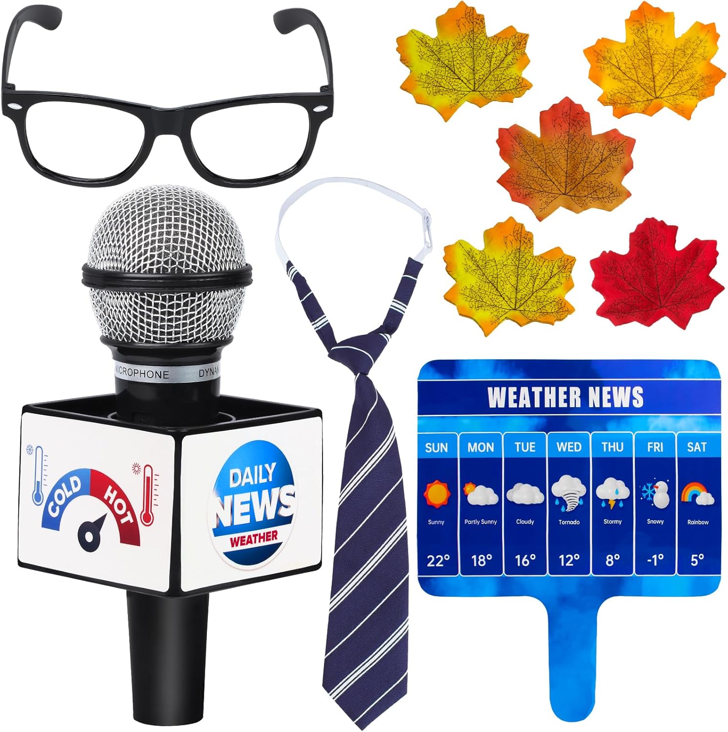 Kids weather reporter costume set with pretend microphone, glasses, striped tie, leaf props and weather chart