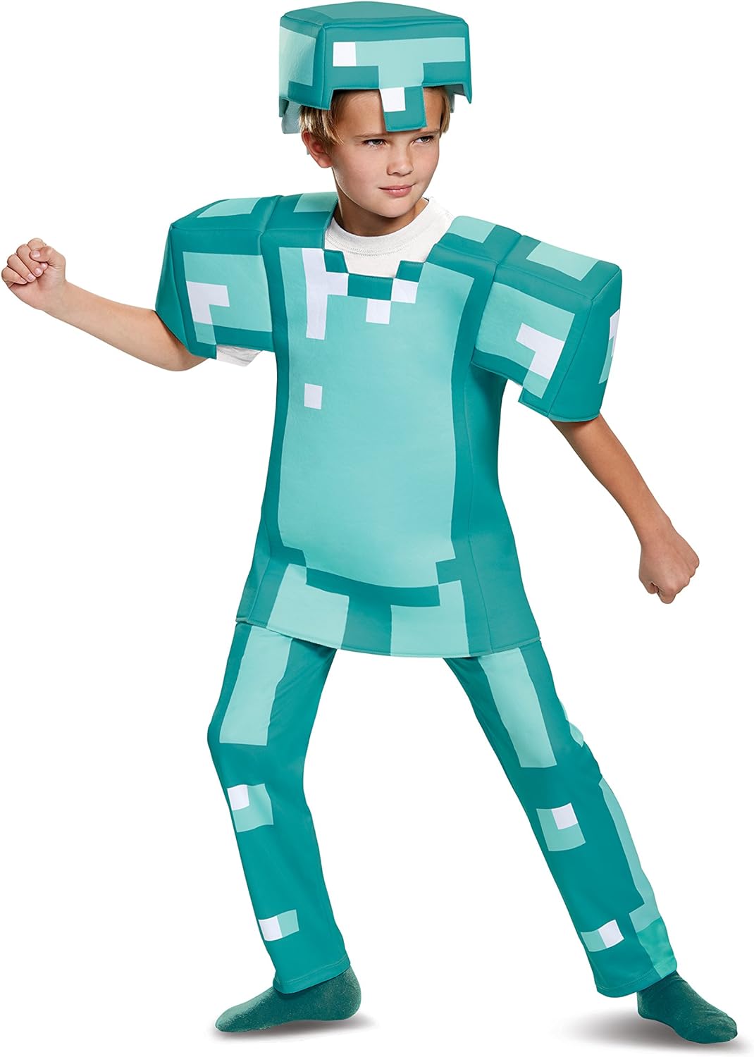 Child wearing turquoise Minecraft armour costume