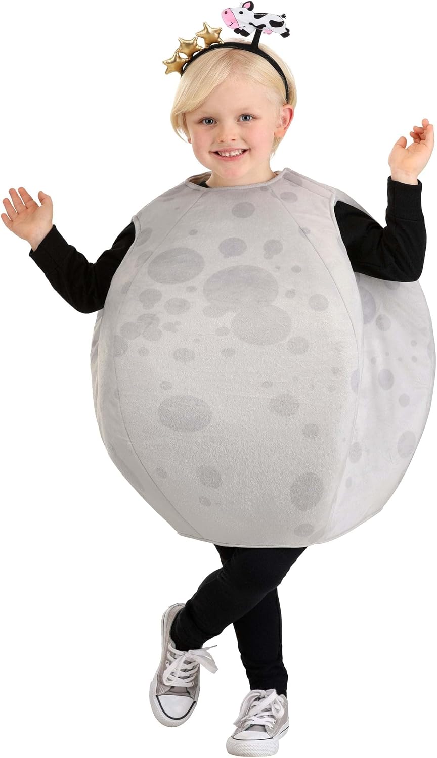 Child wearing a round gray moon costume for a sun and moon sibling theme