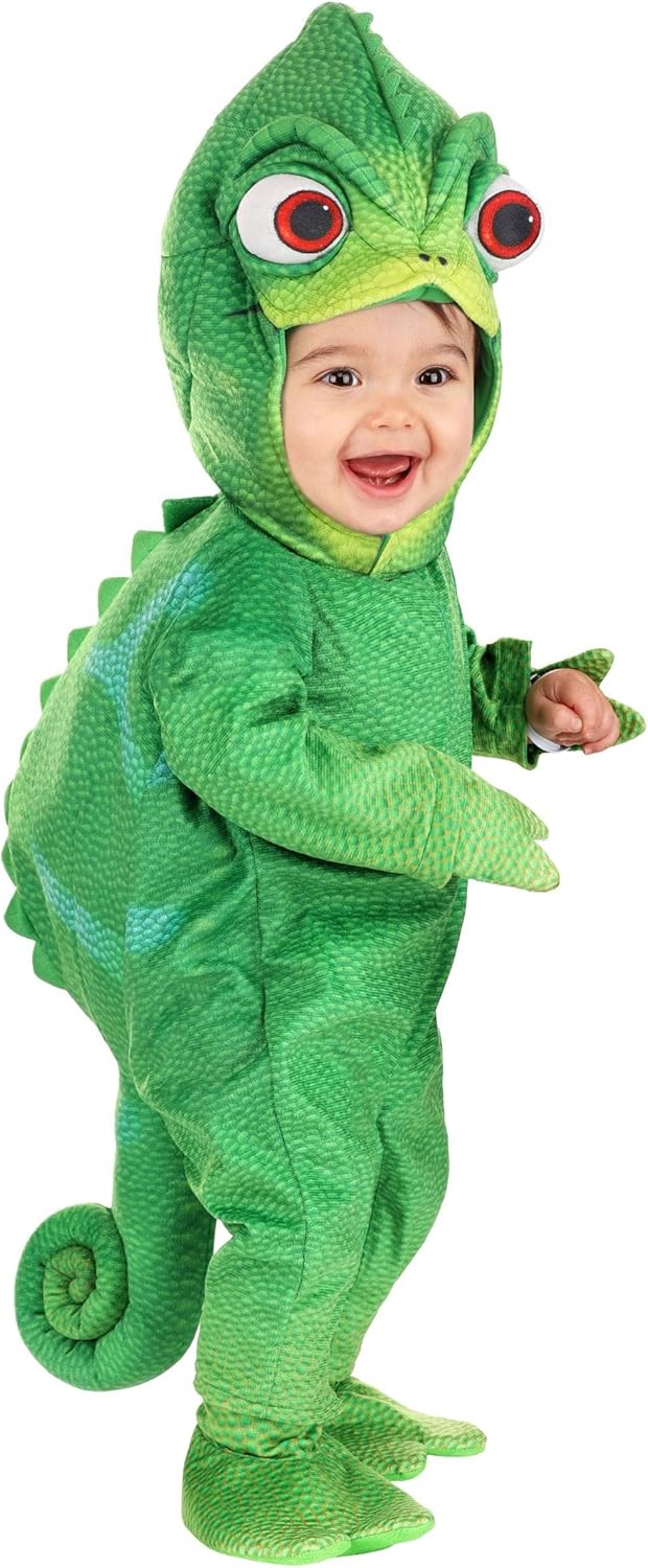 Baby wearing a Disney Tangled Pascal infant costume