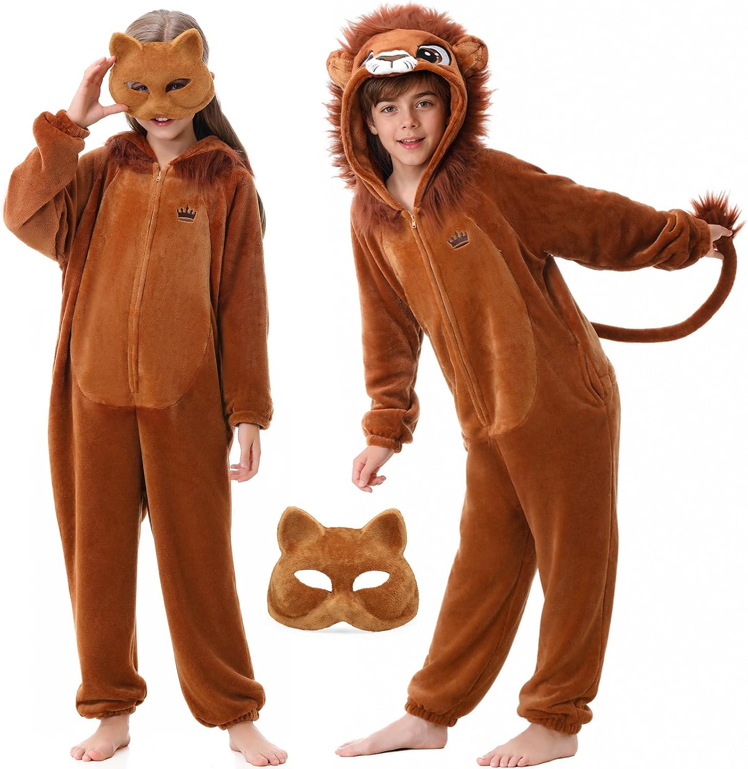 Children wearing soft brown animal pajama costumes