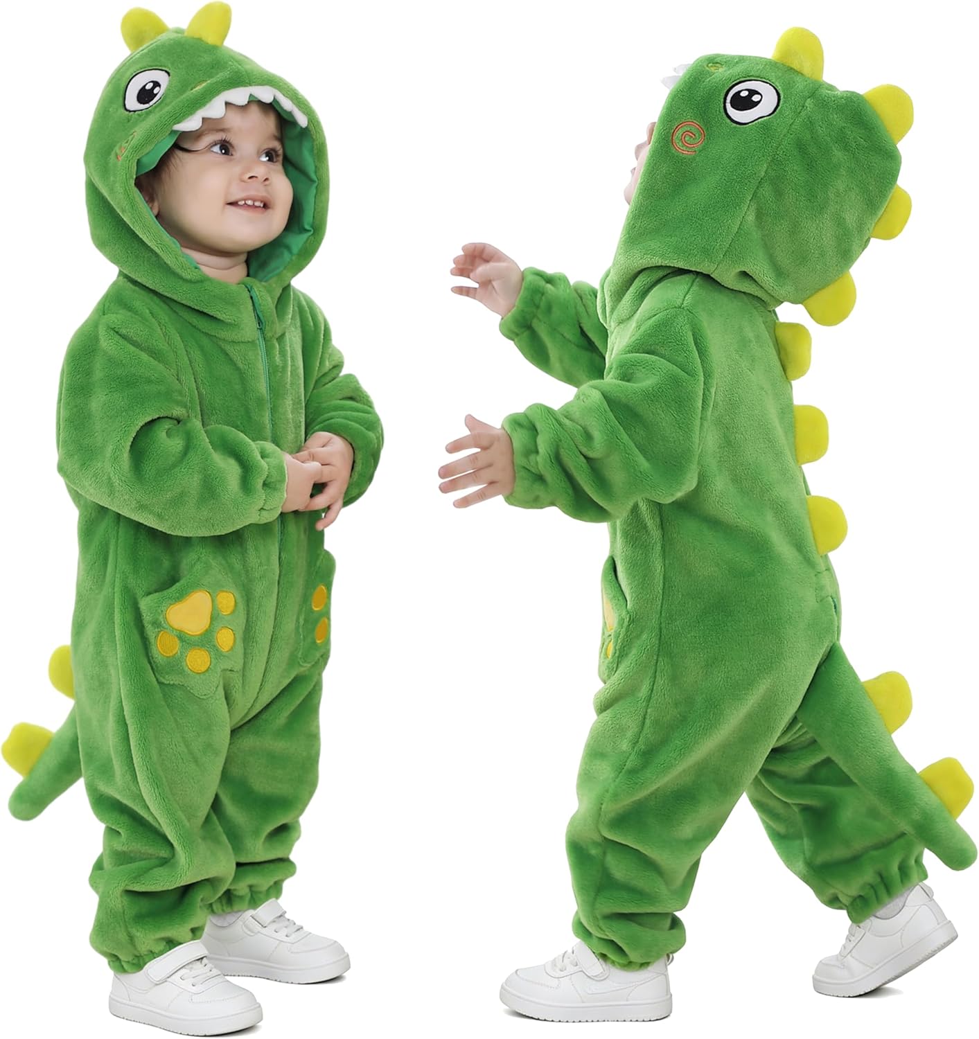 Toddler wearing a soft green hooded dinosaur costume