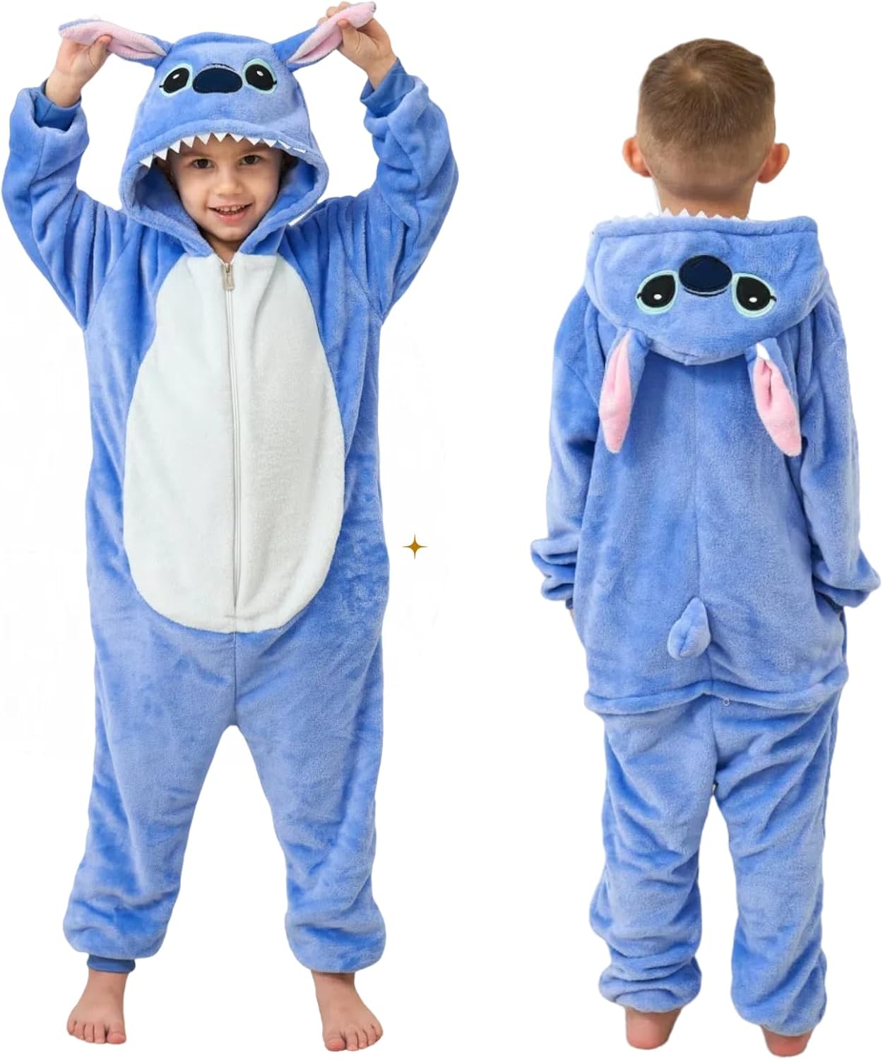 Child modelling a blue Stitch-inspired hooded jumpsuit