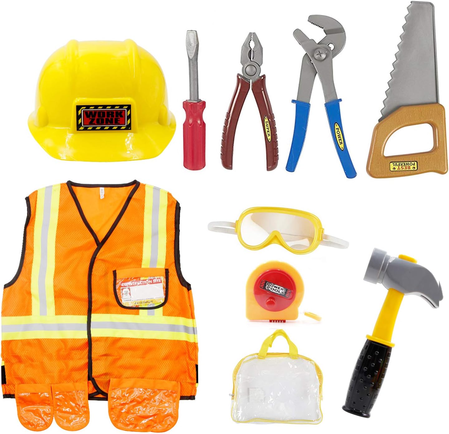 Toddler construction worker costume with bright vest, hard hat and accessories