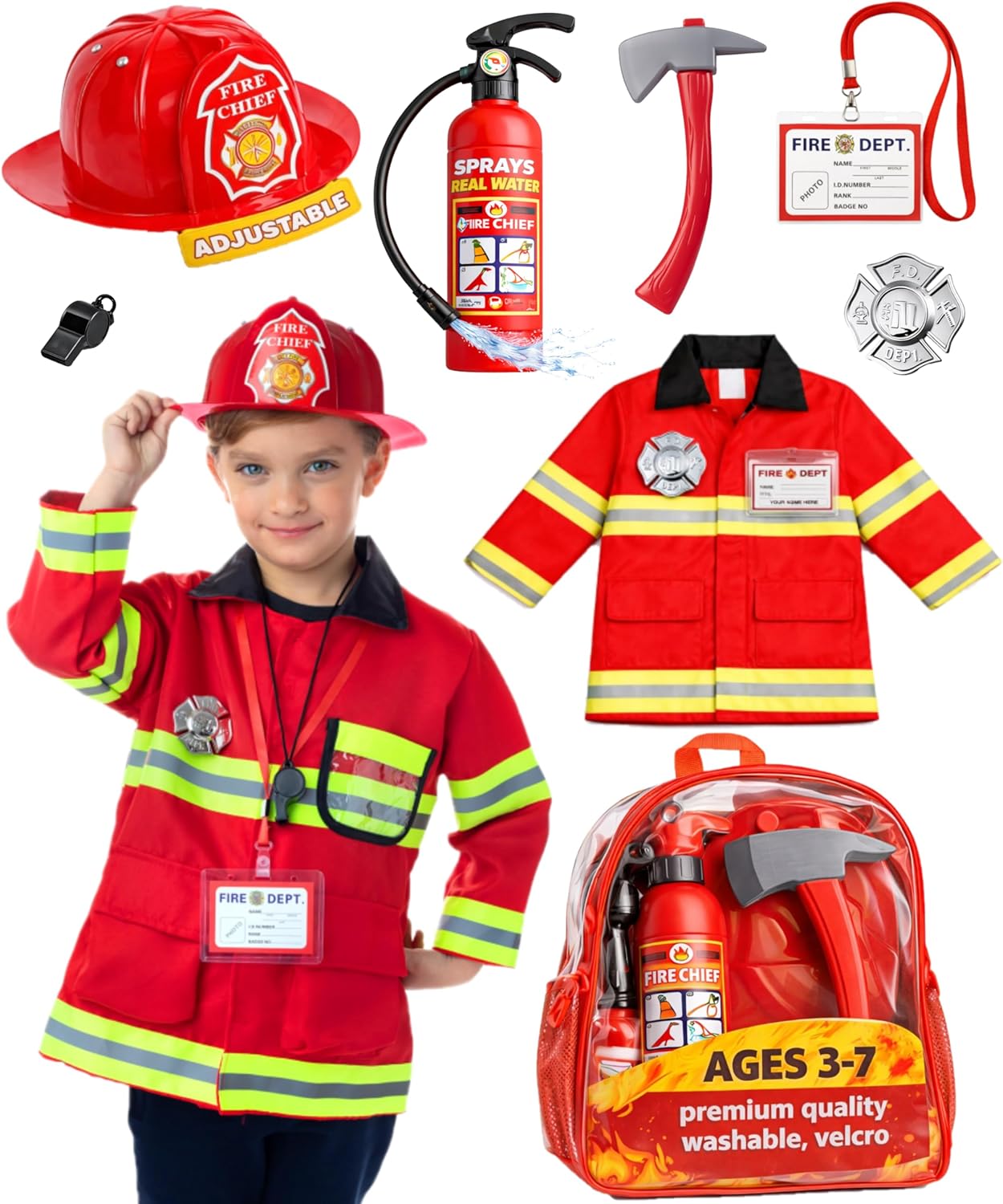 Toddler firefighter costume with red jacket, helmet, extinguisher and accessories