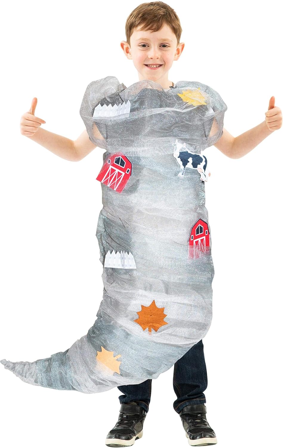 Child wearing a gray swirling tornado costume for a family weather Halloween theme