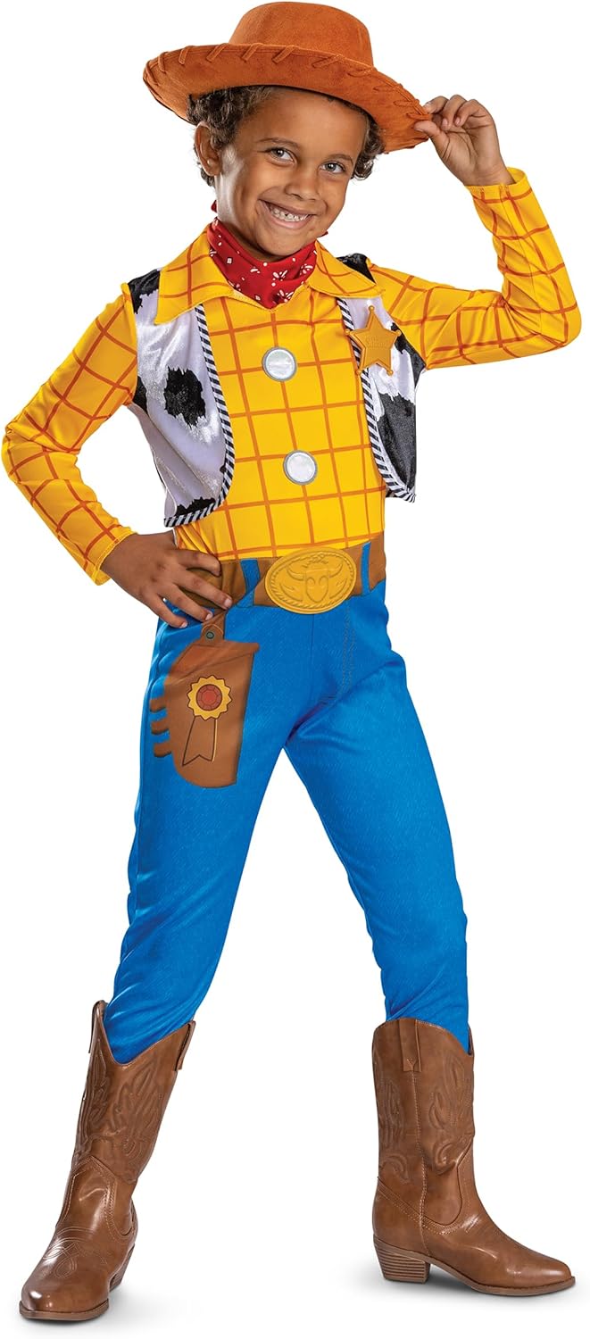 Child wearing an official Woody character costume